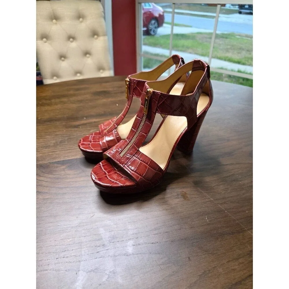 Michael Kors Red Croc Embossed T-Strap High Heel Sandals 9.5M